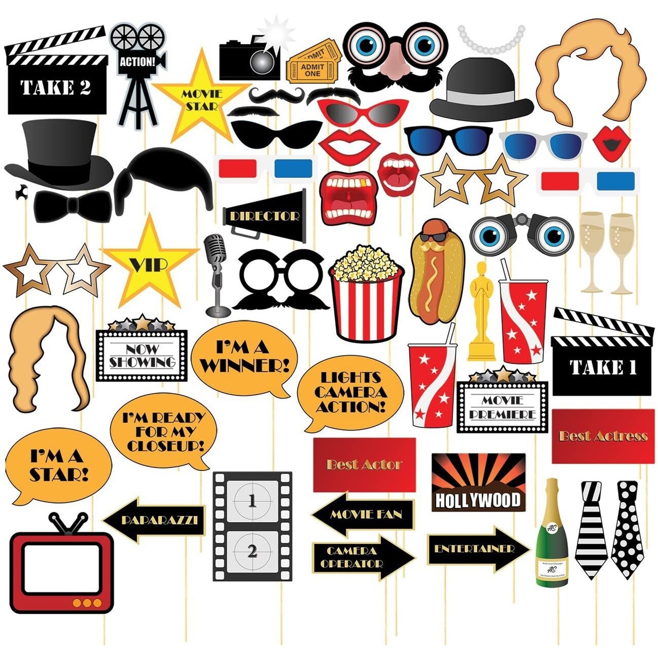Movie Night Photo-Booth Props – 60-Pack Party Selfie Photo Props Accessories, Birthday Party Supplies on Bamboo Sticks, Assorted Designs
